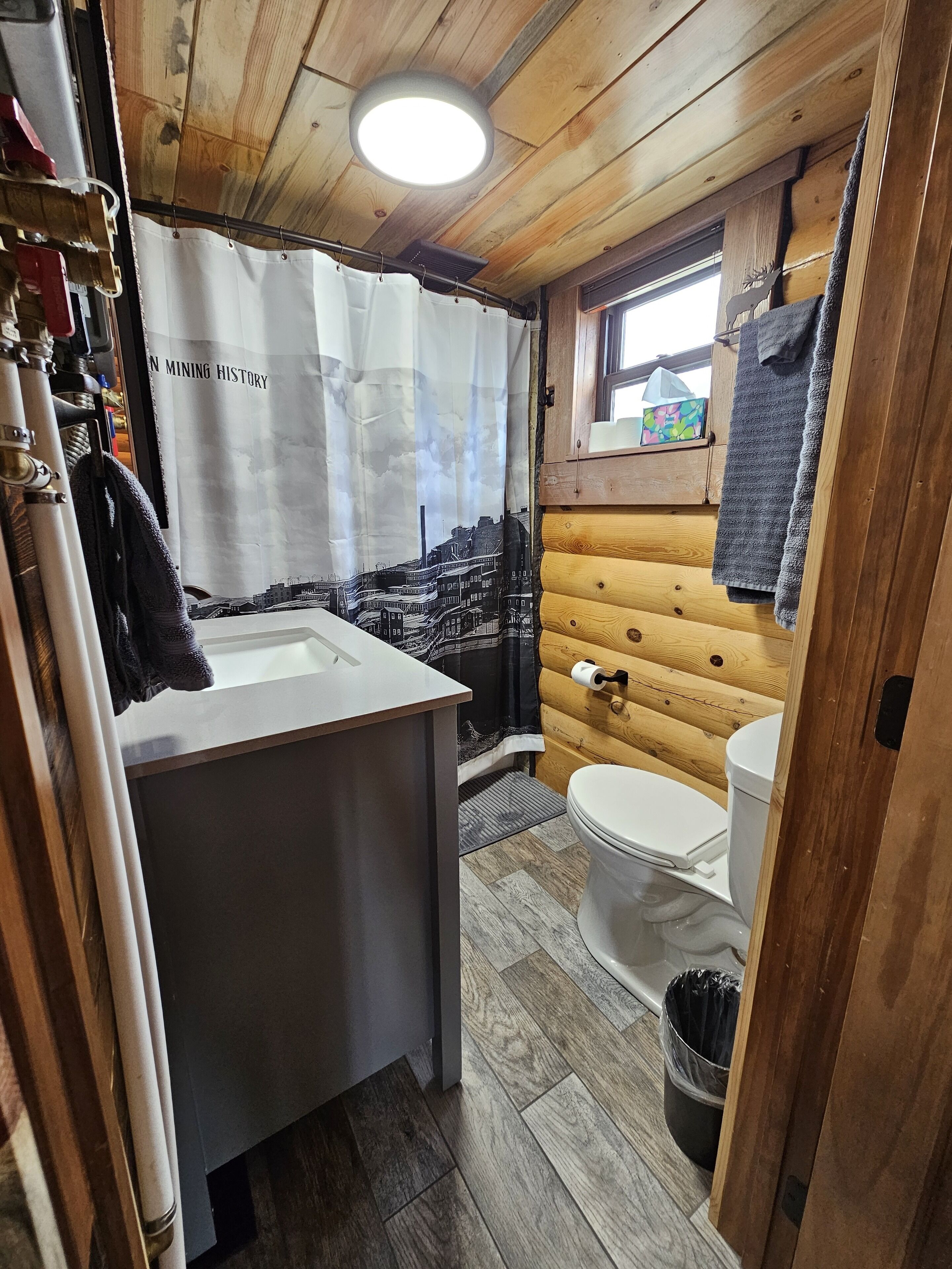 A compact bathroom with a wooden ceiling, a white sink, a toilet, and a shower curtain depicting a mining scene.