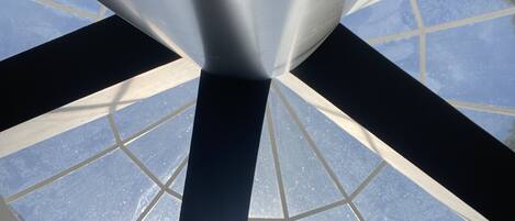 A skylight with a geometric glass design.