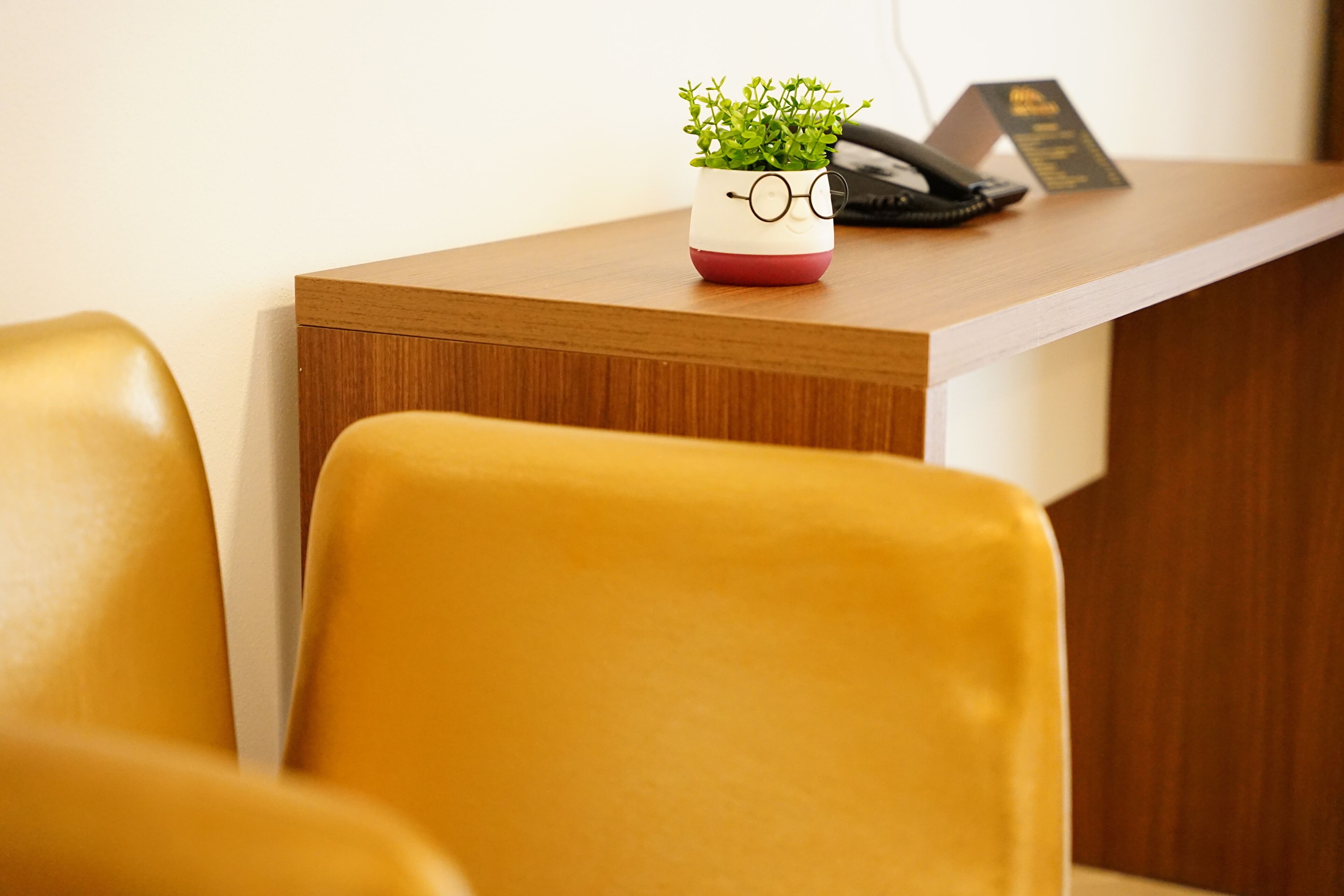 A reception desk with a potted plant, a telephone, and a sign.