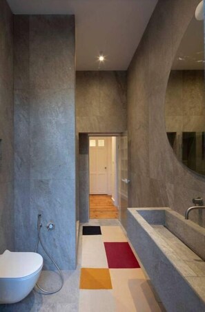Hair dryer, bidet, towels, soap