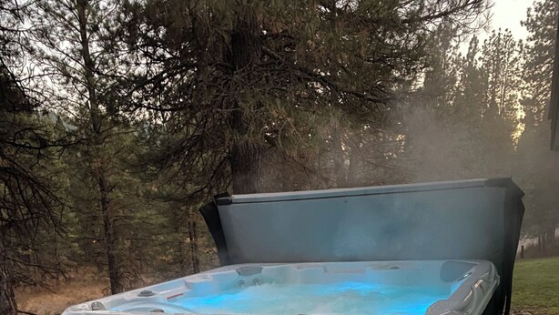 A hot tub with a step and a cover, surrounded by trees and a wooden deck. - Cozy home with HOT TUB, River View & Fire Pit! (Garden Valley)