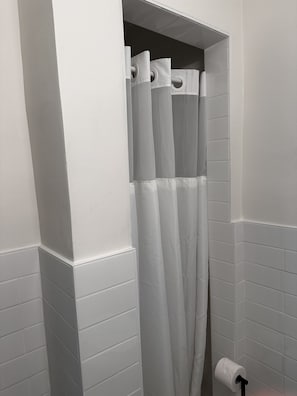 Dusch, hårtork, handdukar och toalettpapper