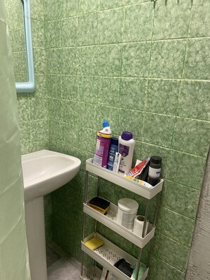 Hair dryer, towels, soap, shampoo