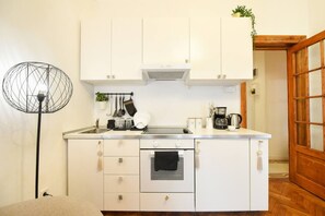 Fridge, oven, stovetop, coffee/tea maker