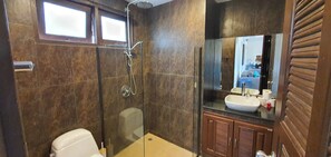 Shower, hydromassage showerhead, free toiletries, hair dryer