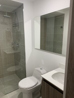 Shower, jetted tub, bidet, towels