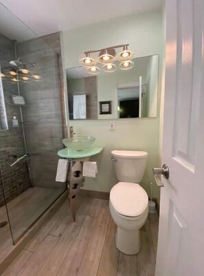 Enjoy a refreshing shower in the bathroom, featuring a glass-enclosed shower, sink, and toilet.