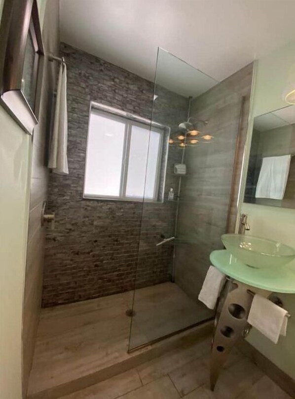 Enjoy a refreshing shower with a clear view of the adjacent room, a sleek sink, and a large mirror.
