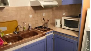 A kitchen with a sink, stove, microwave, and cabinets. - un Appart Haut Alpin Chez les Chtis (Gap)