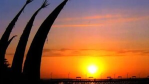 Atardecer sobre una masa de agua con siluetas de palmeras y un puente distante.