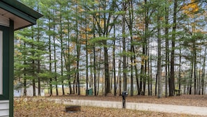A cabin with a mailbox, surrounded by a forest and a lake.
