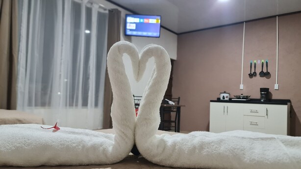 A hotel room with a bed, a TV, a desk, and a kitchen area. - Cabina en La Fortuna de San Carlos, Cabinas Guayabón #5, La Fortuna (La Fortuna)