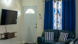 Una sala de estar con un televisor de pantalla plana, un sofá de cuero verde oscuro con cojines a rayas, una puerta blanca con un ventanal y cortinas azules con estampado floral.