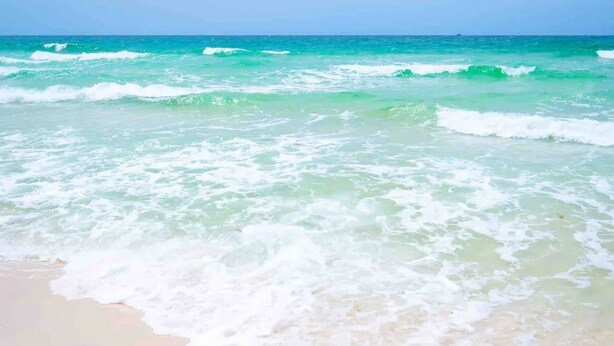 Une plage où les vagues viennent doucement lécher le rivage.