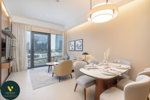 Luxury Apartment | Living area | 65-inch Smart TV with cable channels - Vogue | Address Opera near Burj Khalifa Dubai Mall (Dubai)