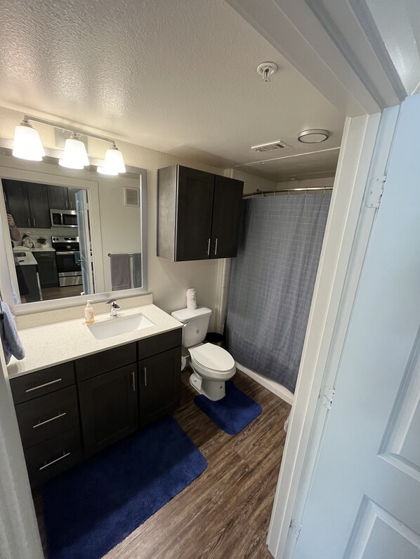 Hair dryer, towels, soap, toilet paper