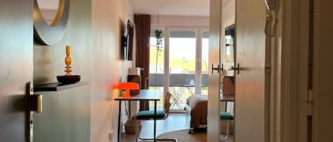 1 bedroom, desk, iron/ironing board, travel cot