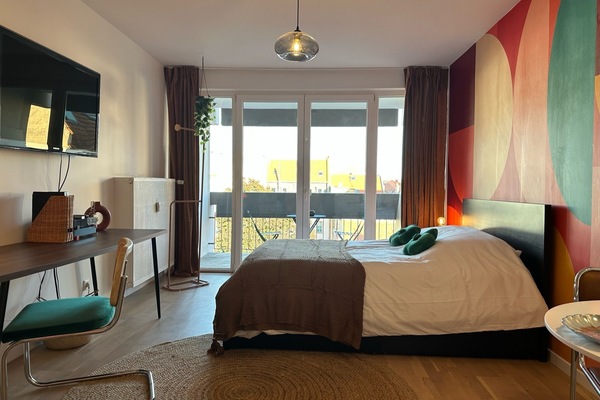 1 bedroom, desk, iron/ironing board, travel cot