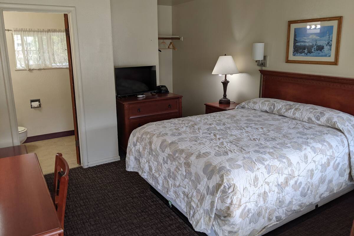 A hotel room with a bed, a desk, a television, a lamp, and a painting on the wall.