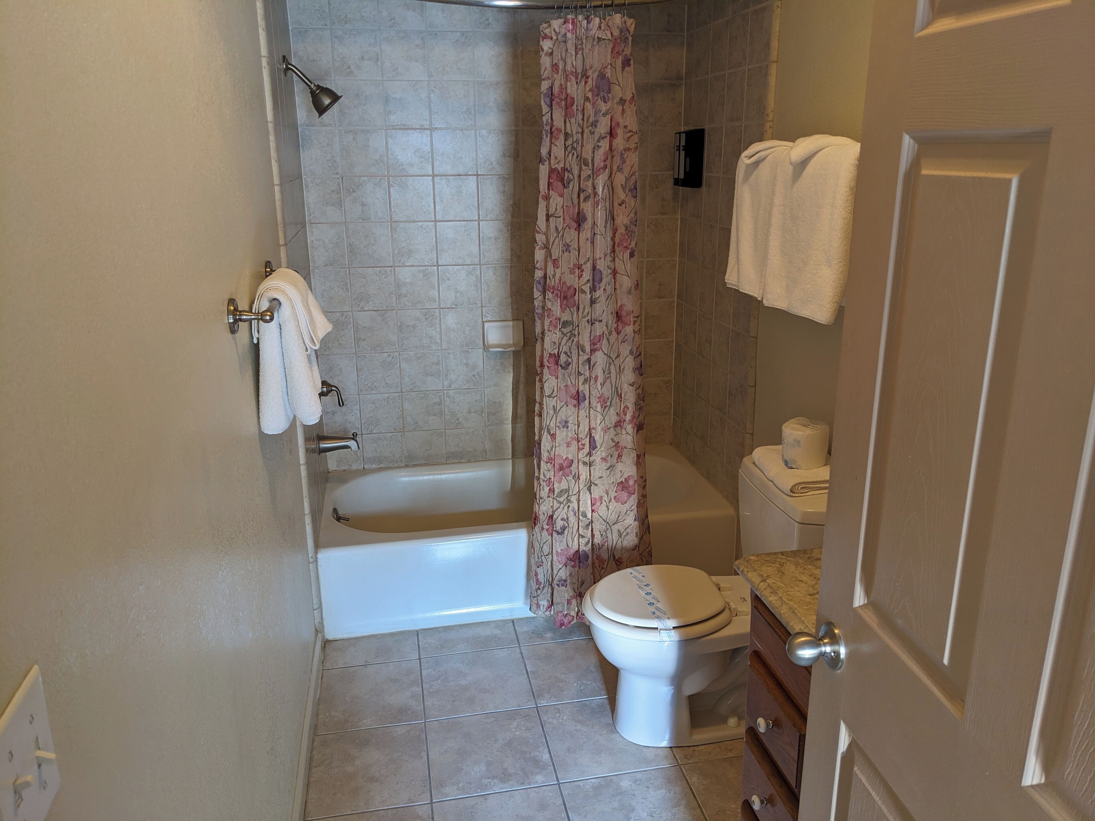 A bathroom with a bathtub, toilet, and a shower curtain.