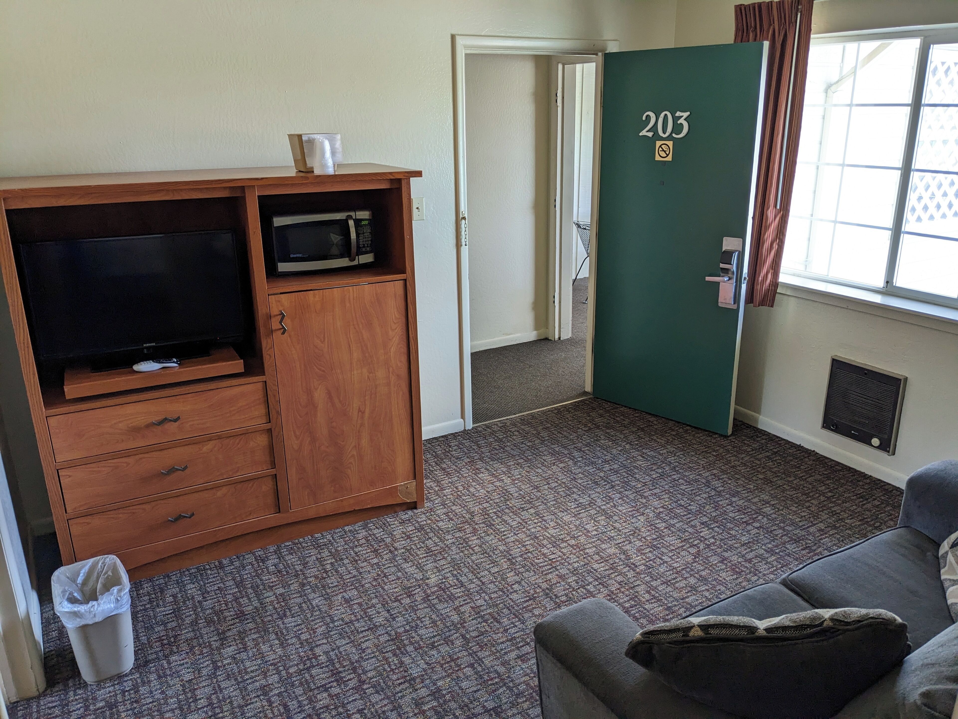 A room with a wooden entertainment unit containing a TV and microwave, a grey couch, and a door marked with the number 203.