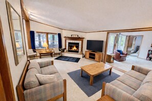 Smart TV, fireplace, books