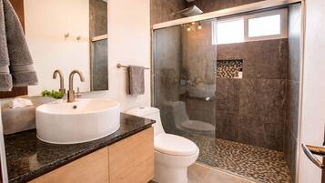 Hair dryer, towels, soap, shampoo