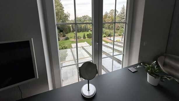Een kamer met een groot raam, een bureau met een laptop, een spiegel en een potplant.