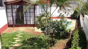 Un jardin résidentiel agrémenté d’une petite piscine, d’un palmier et de diverses plantes.