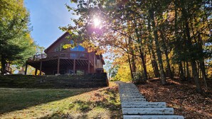 Une cabane en bois dotée d’un balcon, entourée d’arbres et accessible par un escalier en pierre.