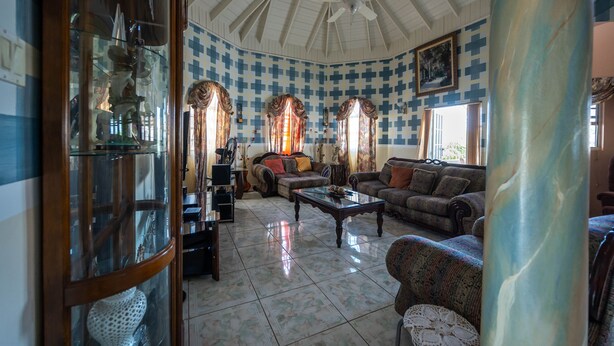 Een ruime woonkamer met een hoge plafond, muren in blauw-wit geruit patroon, en een grote glazen kast.