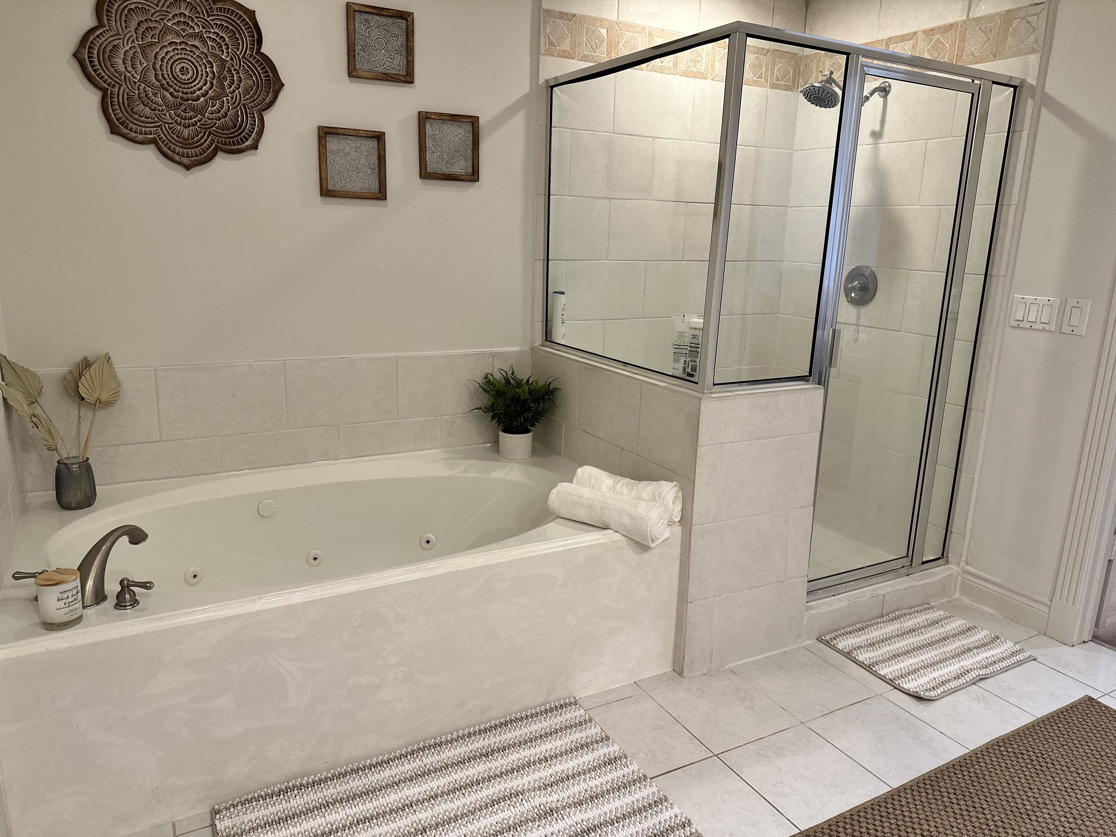 Hair dryer, towels, soap, shampoo