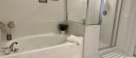 Hair dryer, towels, soap, shampoo