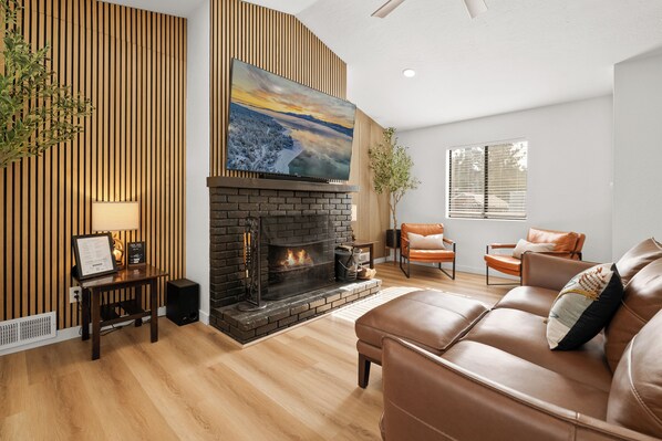 Smart TV, fireplace, books, computer monitors