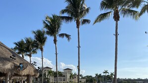 A beachside area with colorful Adirondack chairs and tables, palm trees, and a building with a thatched roof in the background. - Waterfront Gem, kayak, fish, restaurants close by (Port Charlotte)