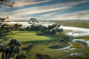 Campo de golf con un cuerpo de agua al fondo, rodeado de árboles y vegetación.