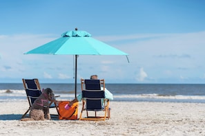 Une scène de plage avec deux chaises de plage sous un parasol bleu, un chien et une personne assise sur l’une des chaises.
