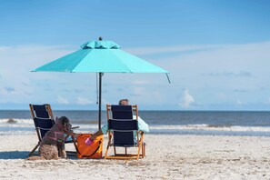Une scène de plage avec deux chaises de plage sous un parasol bleu, un chien et une personne assise sur l’une des chaises.