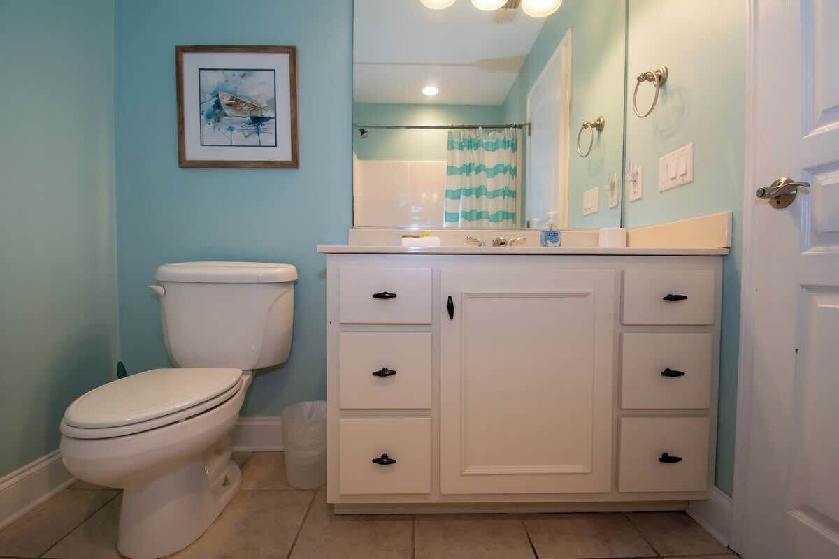 Une salle de bain avec des toilettes, un lavabo avec un miroir et un rideau de douche.