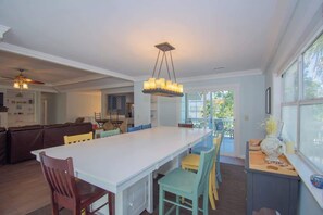 A spacious kitchen with a large island, a dining area with chairs, and a view through the window.