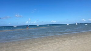 A beach with clear skies, calm waters, and boats in the distance. - Flat Eco Resort Praia dos Carneiros (Tamandaré)