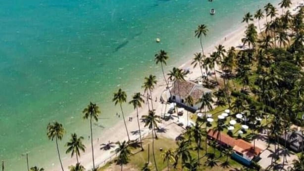 A beach with clear turquoise water, palm trees, and a few boats. - Flat Eco Resort Praia dos Carneiros (Tamandaré)