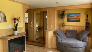 TV, fireplace, DVD player, books