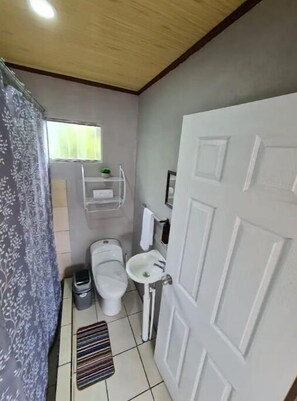A small bathroom with a toilet, sink, and shower curtain.