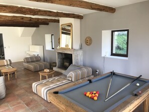 TV connectée, cheminée, lecteur de DVD, table de tennis de table