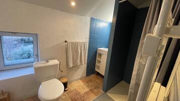 Shower, towels, soap, toilet paper