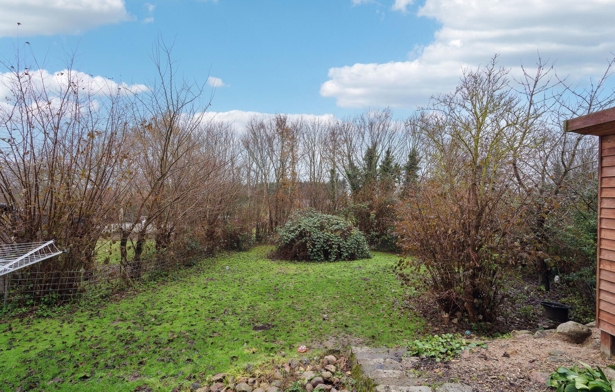 A garden with a variety of trees and shrubs, a small pond, and a wooden structure.