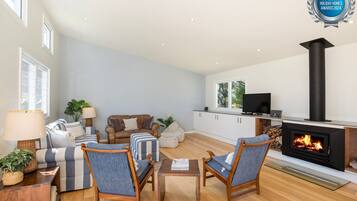 Smart TV, fireplace, books, stereo