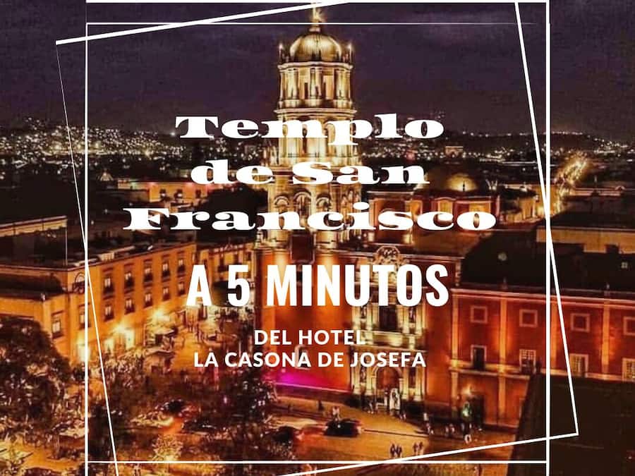 A night view of the Temple de San Francisco with text overlay indicating a 5-minute walk from Hotel La Casona de Josefa.