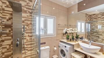 Shower, hair dryer, towels